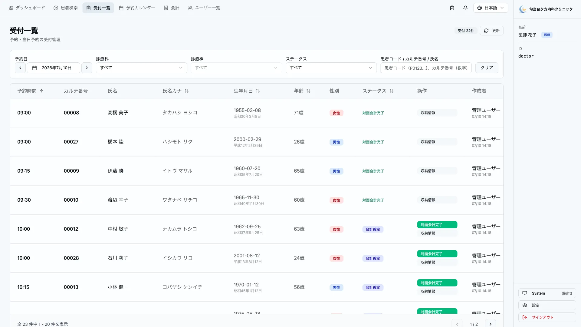 診療支援システムの受付一覧画面