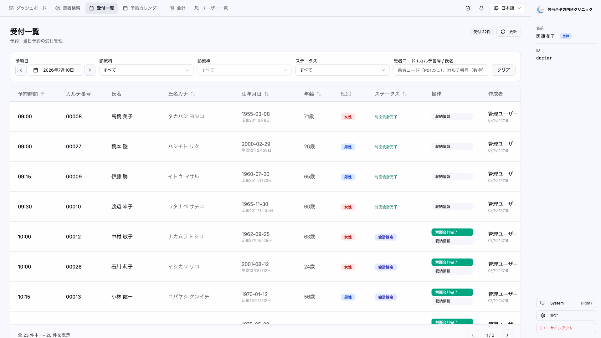 診療支援システムの受付一覧画面